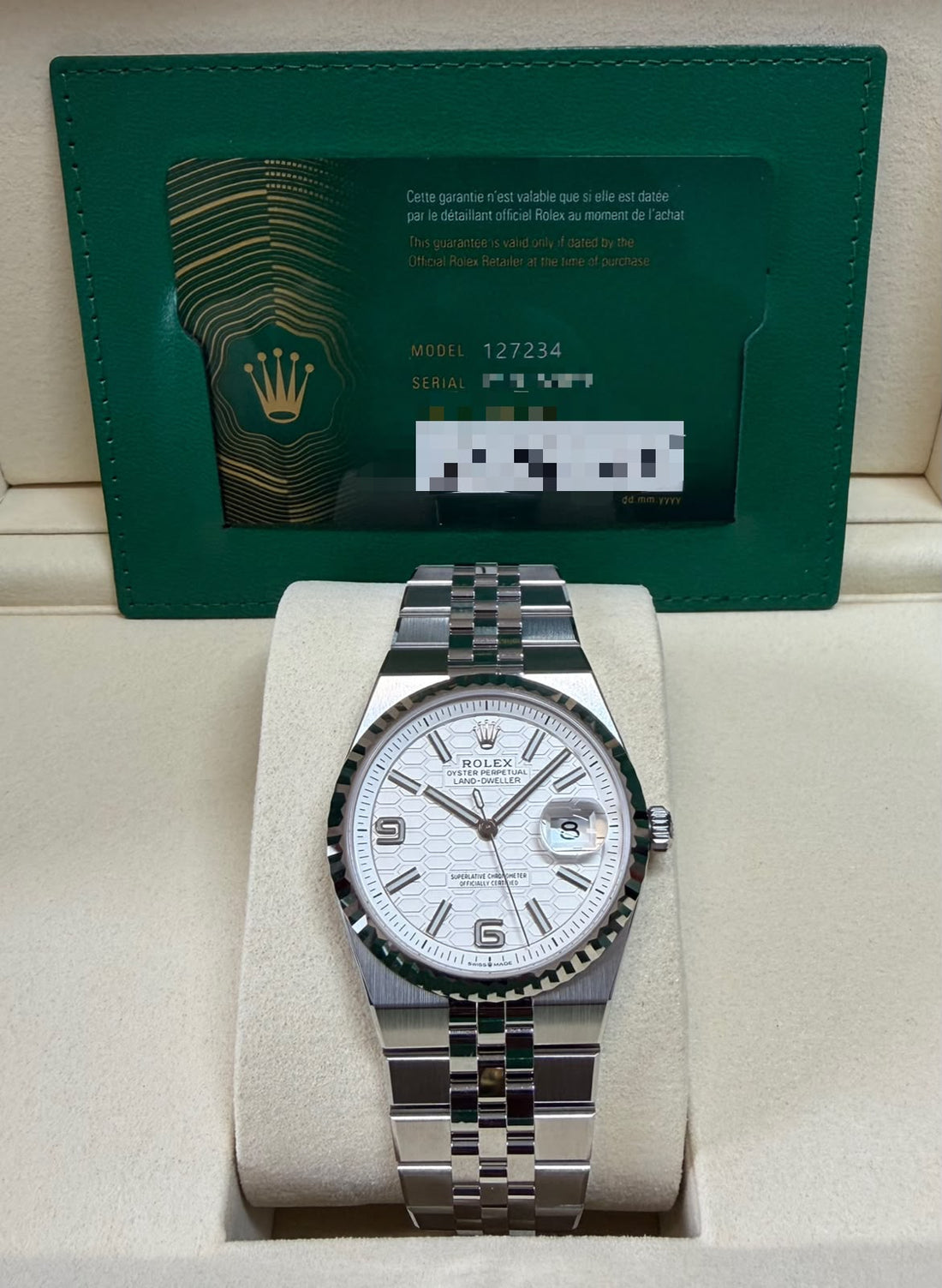 Rolex Land-Dweller 36 New 2026 White Honeycomb Motif Dial Fluted Bezel Flat Jubilee Bracelet 127234