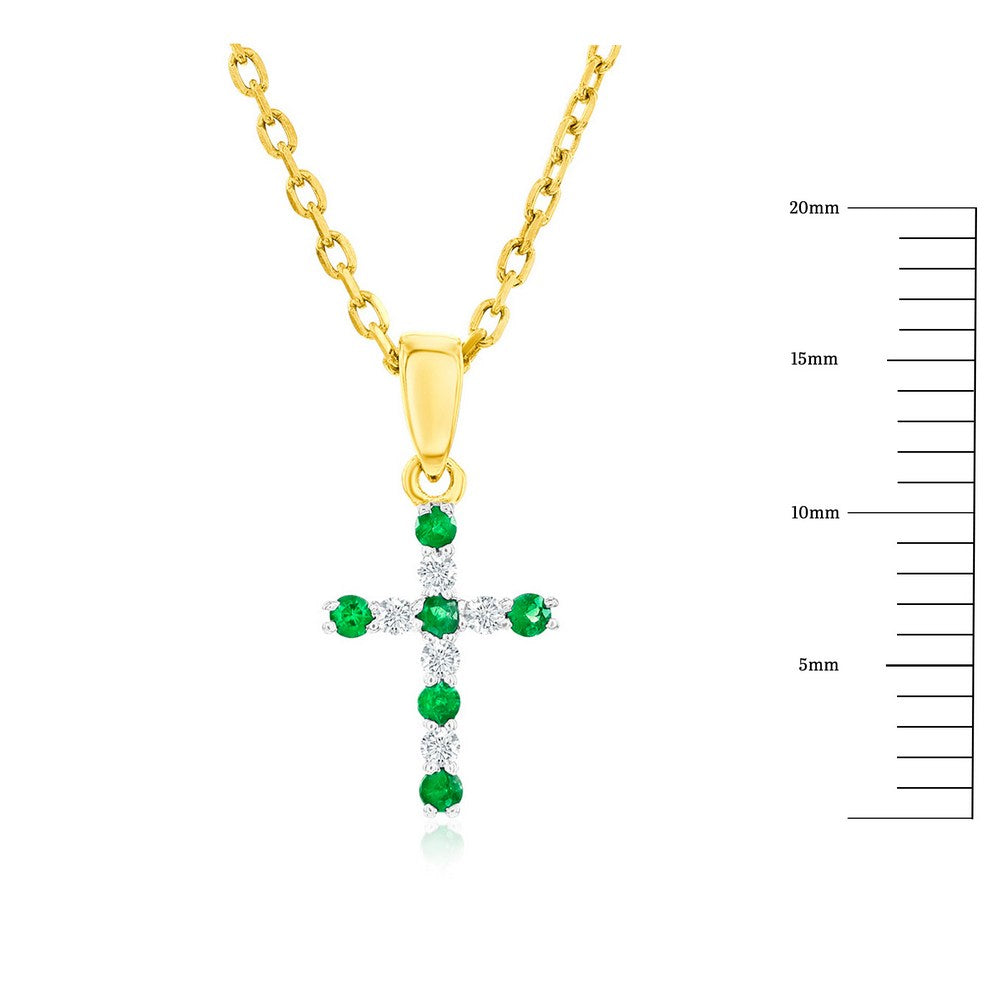 14K Yellow Gold, Green Garnet & Diamond Cross Pendant - (11 Stones)