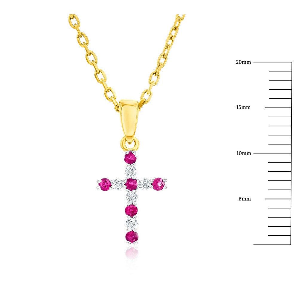 14K Yellow Gold, Ruby & Diamond Cross Pendant - (11 Stones)