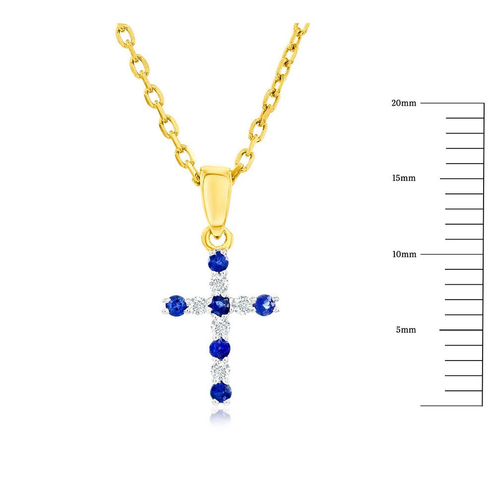 14K Yellow Gold, Sapphire & Diamond Cross Pendant - (11 Stones)