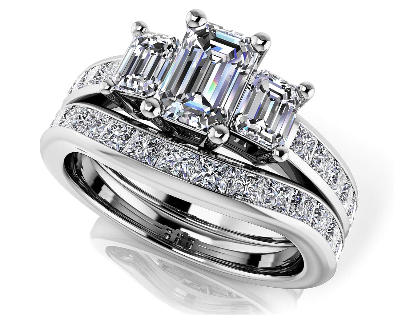 Vibrant Love Emerald Cut Three Stone Bridal Set Diamond  with 3.43 ct. (1.50 ct. center diamond)
