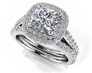 Elegant Double Halo Cushion Cut Bridal Set Diamond  with 1.95 ct. (1.00 ct. center diamond)