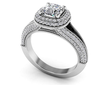 Milgrain Cushion Cut Halo Ring Diamond  with 1.14 ct. (0.50 ct. center diamond)