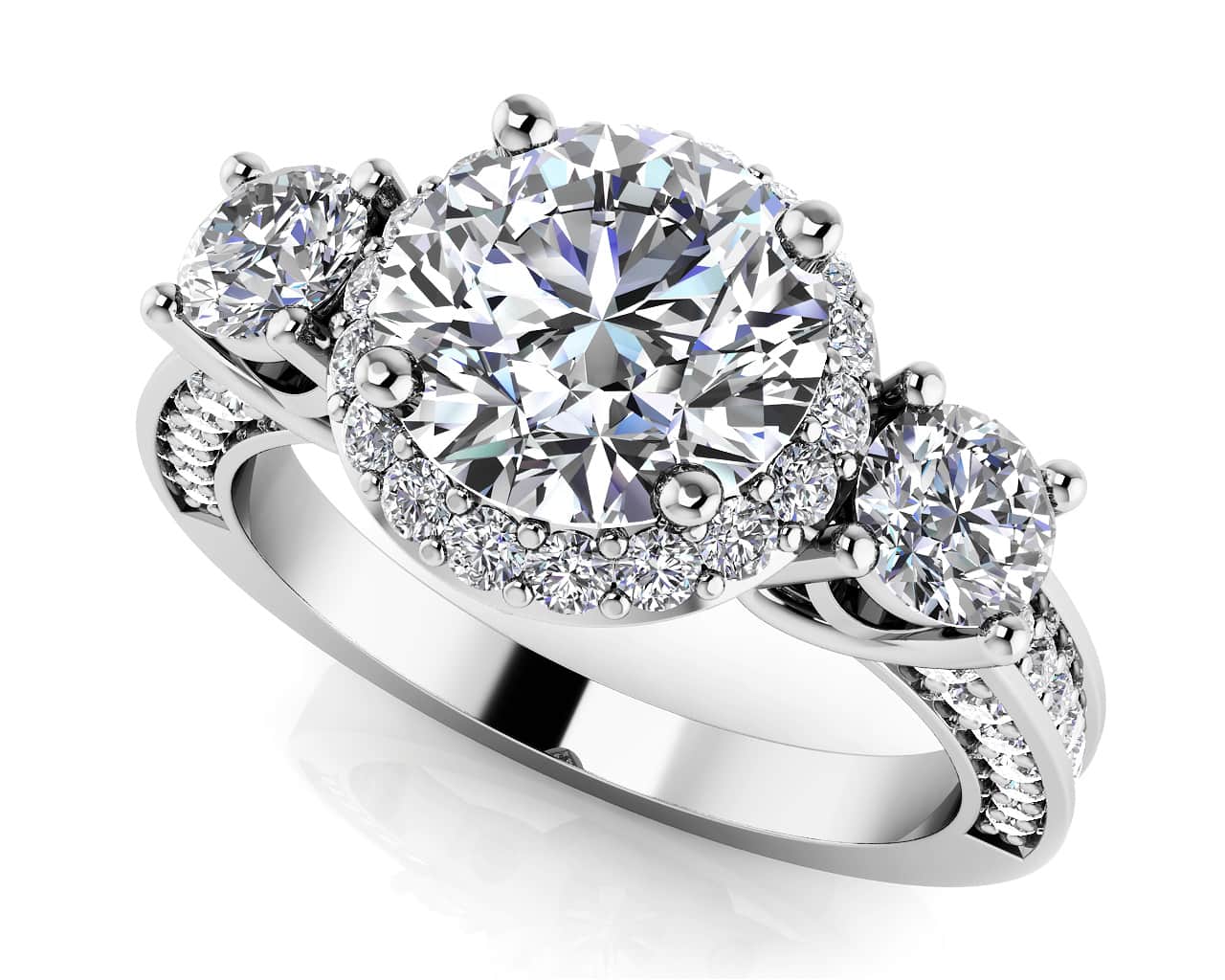 Exquisite Three Stone Diamond Halo Engagement Ring Diamond  with 2.97 ct. (1.90 ct. center diamond)