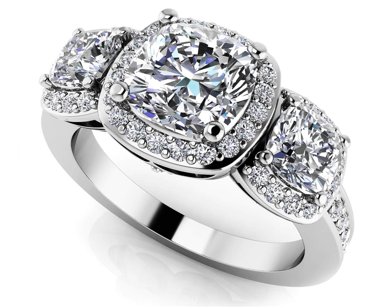Classic Three Stone Cushion Cut Diamond Halo Ring Diamond  with 2.91 ct. (1.50 ct. center diamond)