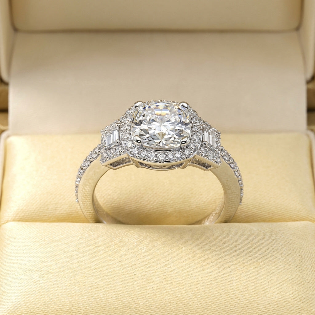 Cushion Cut and Baguettes Diamond Engagement Ring with 2.01 ct. (1.50 ct. center diamond)