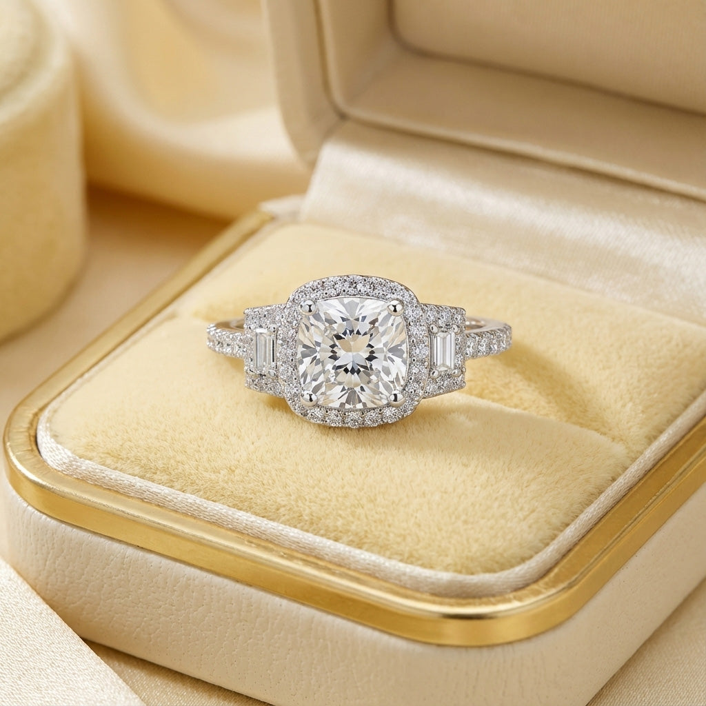 Cushion Cut and Baguettes Lab-Grown Diamond Engagement Ring with 2.01 ct. (1.50 ct. center diamond)