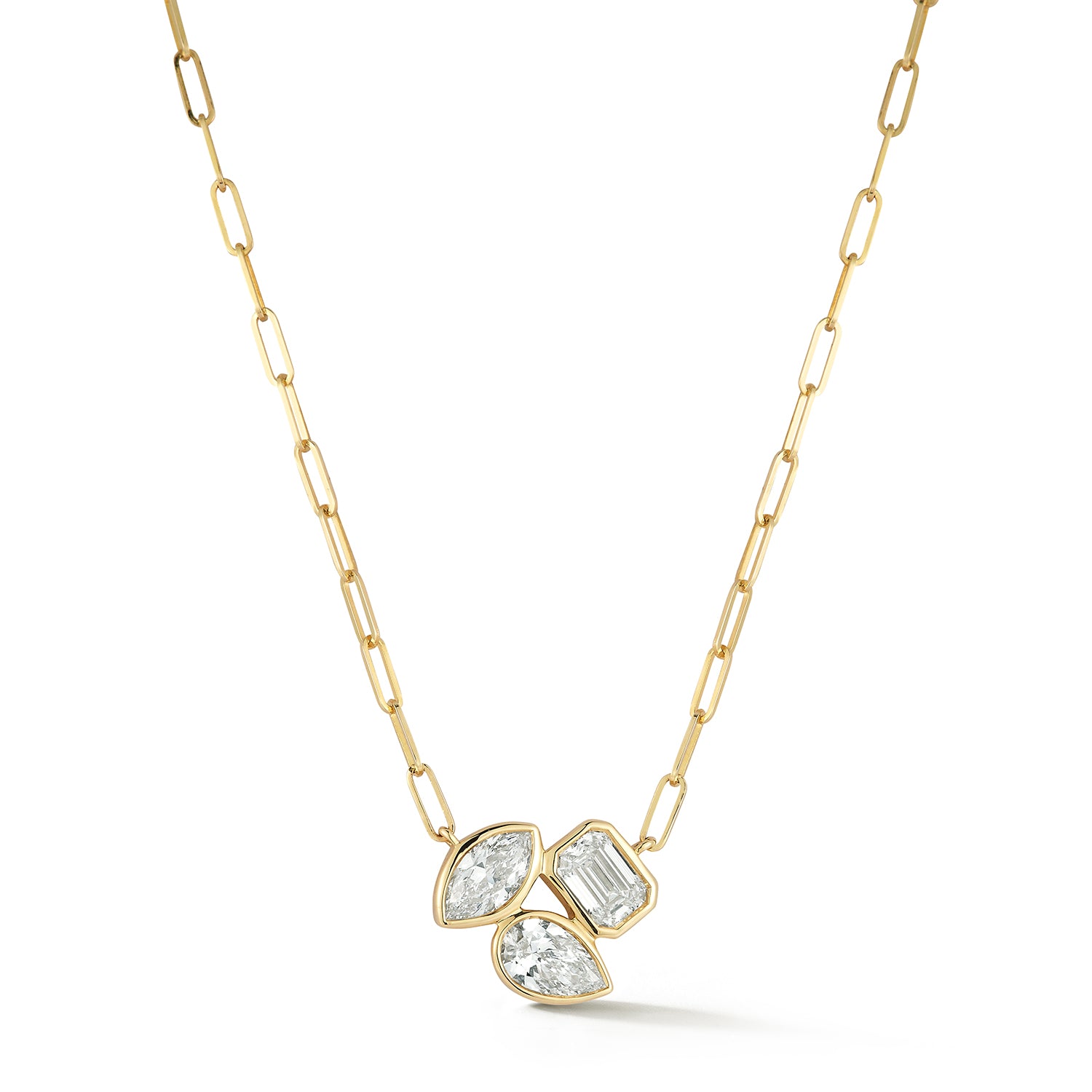 3 Bezel Multi Shape Diamonds with Paperclip Chain Necklace