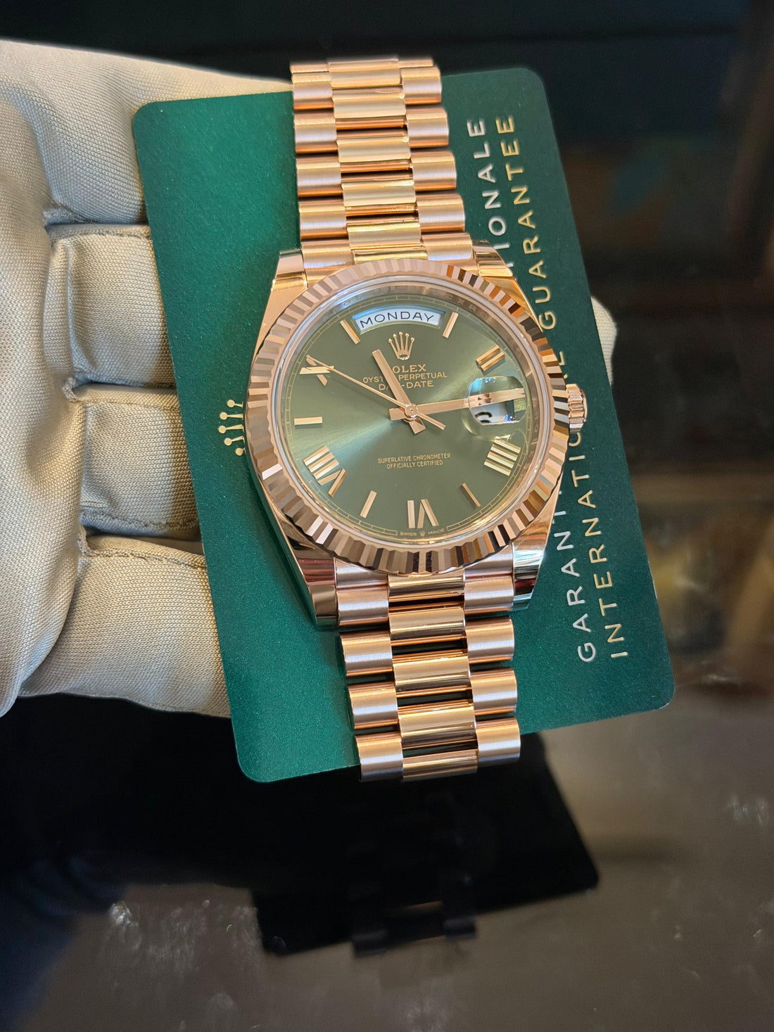Rolex Day-Date 40 40mm Slate Olive Green Roman Dial Fluted Bezel President Bracelet - 228235 | 2024 Model