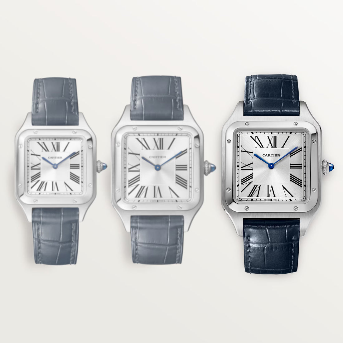 Cartier Santos-Dumont Watch - 46.6 mm x 33.9 mm Steel Case - Silver Dial - Navy Blue Leather Strap - WSSA0032