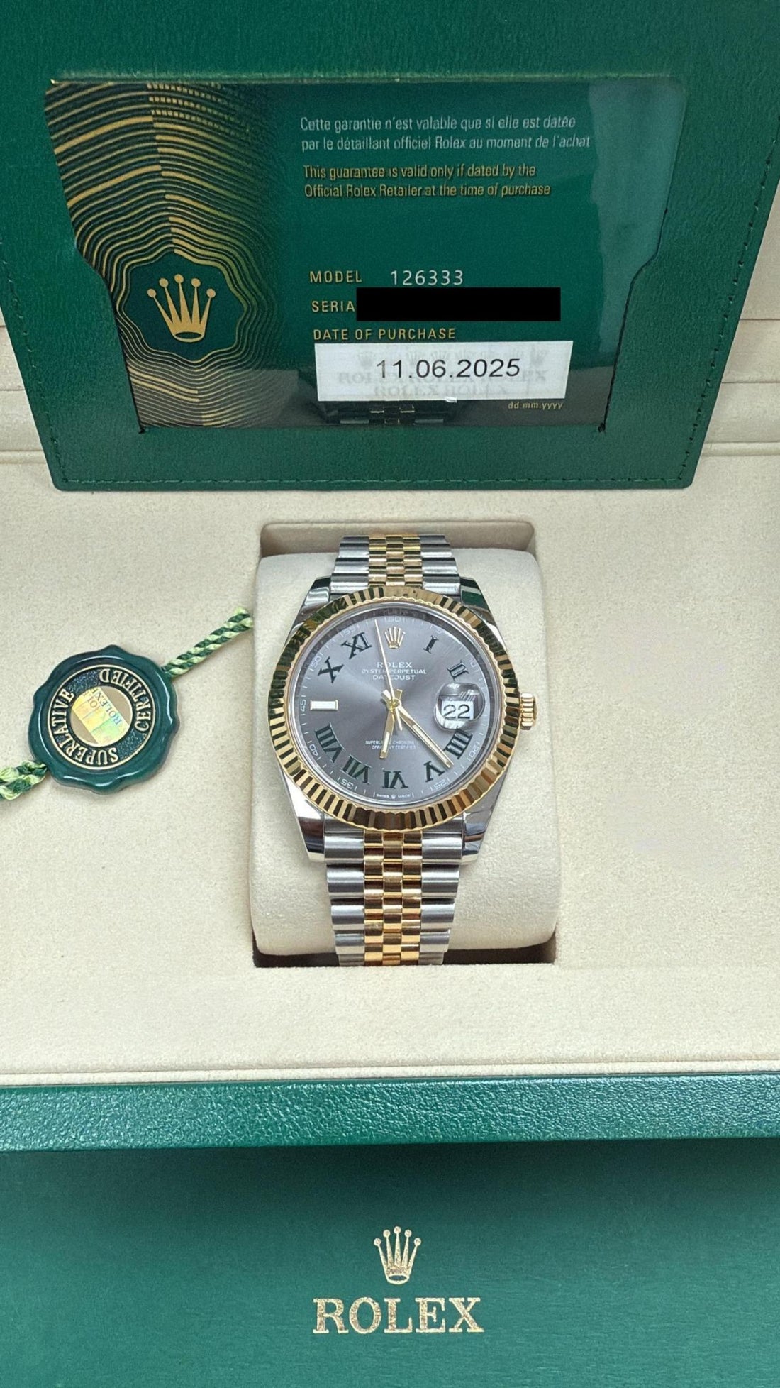 Rolex Datejust 41 Wimbledon Dial 2025 - Fluted Bezel - Slate Green Roman Dial - Jubilee Bracelet - 126333